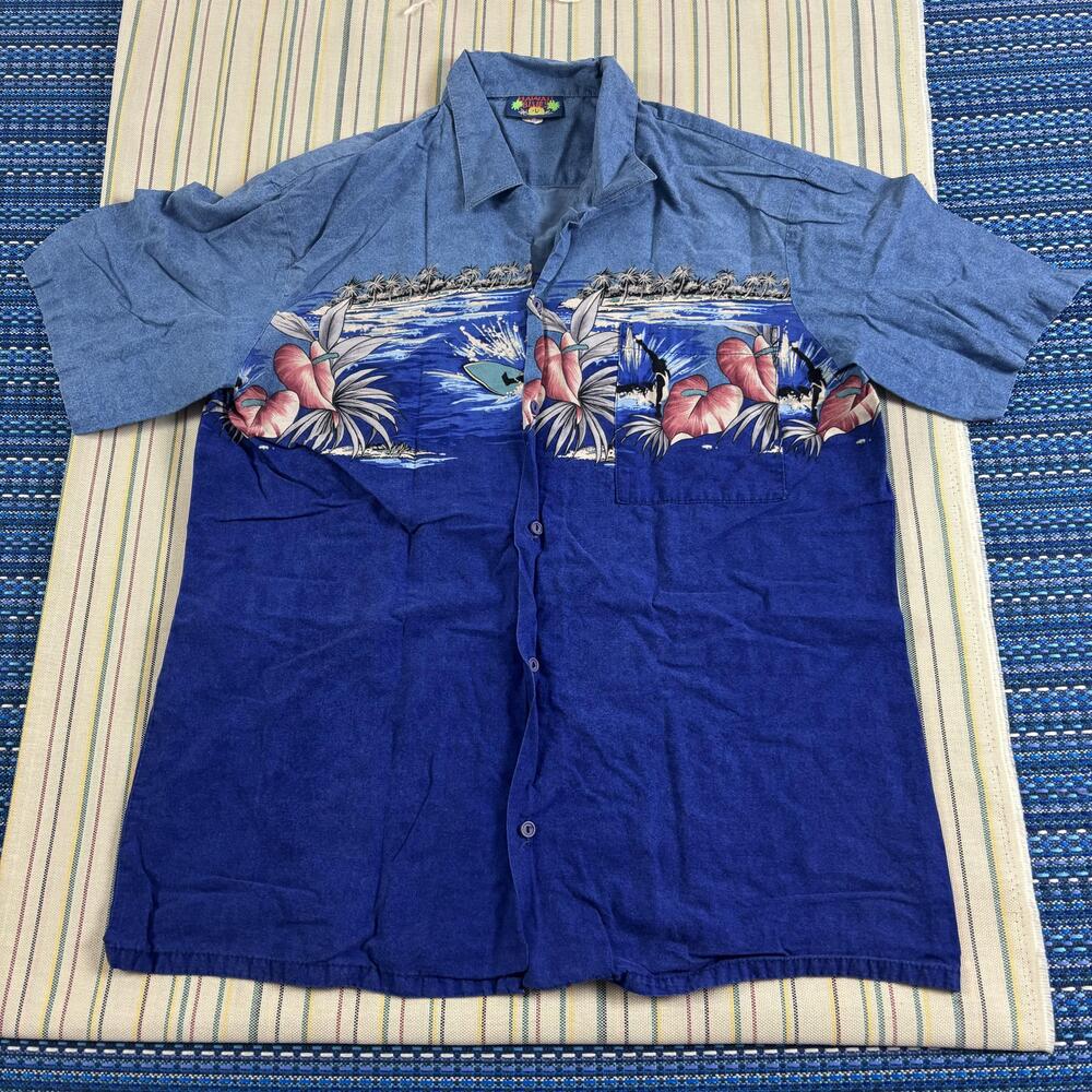 Hawaii Blues Shirt Mens Large Blue Hawaiian Surf Short Sleeve Button Front EC
